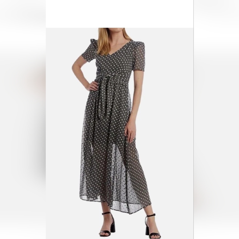 Calvin Klein Black and White Embroidered Floral Midi Dress Size 4